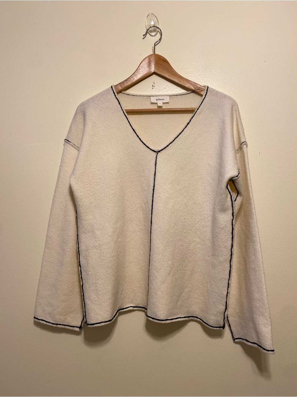 bohme Cream V-Neck Sweatshirt with Black Contrast Seams. Size S